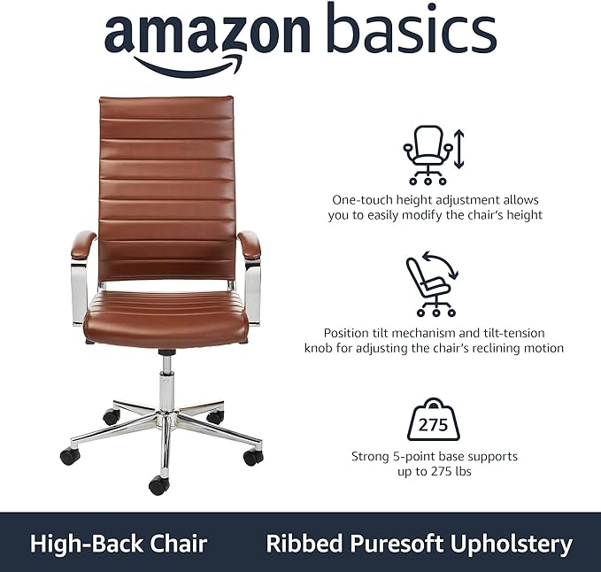Amazon Basics Executive Modern High-Back Adjustable Rolling Office Computer Desk Chair with Armrests, 360 Swivel, 330 Pound Capacity, 23.25"D x 24.75"W x 45.25"H, Chrome, Brick Red Faux Leather - LeafyLoom
