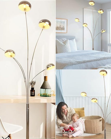 DLLT 5-Light Arc Floor Lamp, 86.6" Chrome Floor Lamps for Living Room, Multi-Head LED Standing Tall Lamp with Adjustable Arms, Modern Tree Floor Lamp for Bedroom, Study, Office, E12 Bulbs Included - LeafyLoom