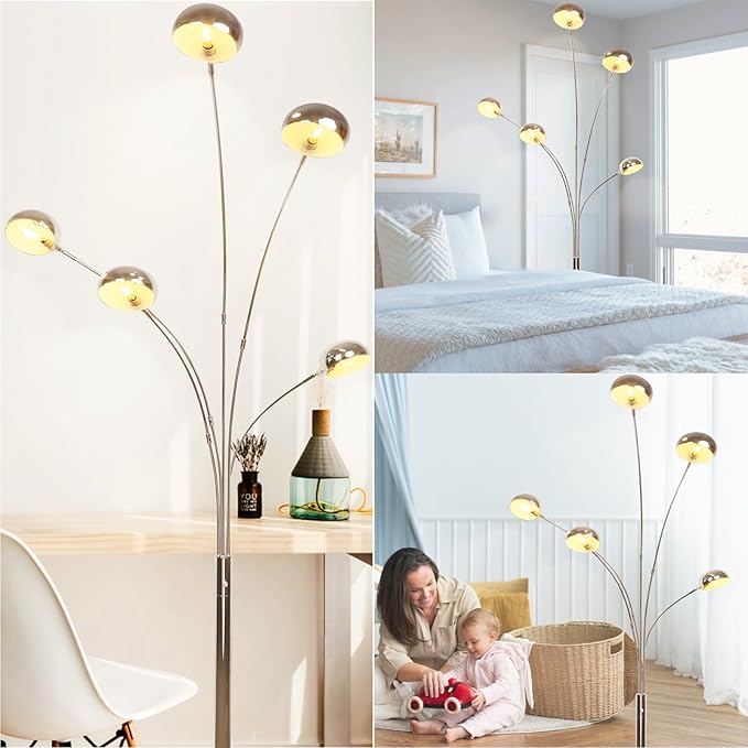 DLLT 5-Light Arc Floor Lamp, 86.6" Chrome Floor Lamps for Living Room, Multi-Head LED Standing Tall Lamp with Adjustable Arms, Modern Tree Floor Lamp for Bedroom, Study, Office, E12 Bulbs Included - LeafyLoom