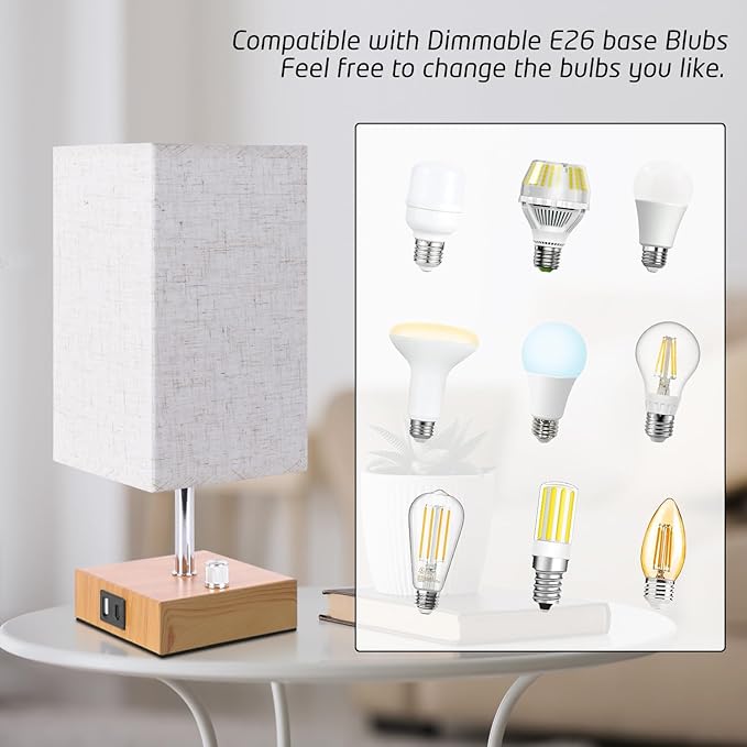 Small Bedside Lamps Set of 2, Fully Table Lamp for Bedroom Office, Nightstand Lamp with USB C+A Ports & AC Outlet, Square Beige Fabric Shade Wood Grain Metal Base(LED Blubs Included) - LeafyLoom