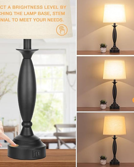 Beige Lamps for Bedrooms Set of 2 - Touch Control Bedside Lamp with USB C+A, 3 Way Dimmable Nightstand Lamps with USB Port, Table Lamp for Living Room(Beige Shade and Black Base) - LeafyLoom