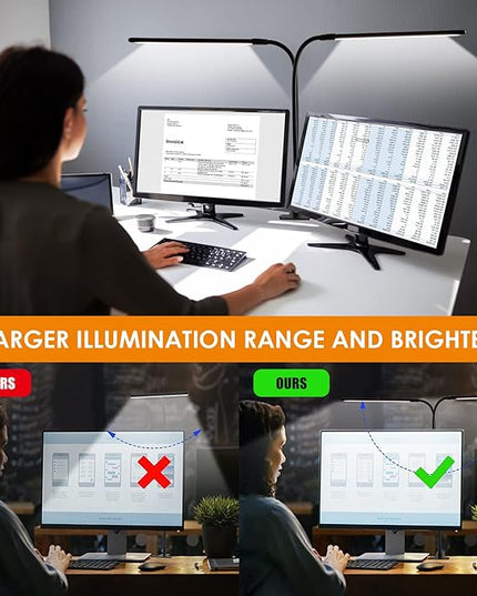 Desk Lamp, Clamp on Lamp with 2 LED Tubes, 13W, 1200 Lms, 3 Color Modes, 10 Brightness Levels, 18.5 Inches Flexible Gooseneck LED Clip Book Light for Reading, Working (Adapter Included) - LeafyLoom