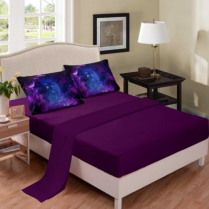 NINENINE Galaxy Comforter Sets Space Bedding 5PCS Queen Size Comforter Sets for Girls Purple Bedding Set(1Comforter, 1Flat Sheet, 1Fitted Sheet, 2Pillowcases)… - LeafyLoom
