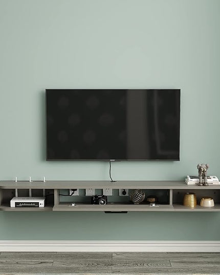 Pmnianhua Floating TV Stand,70'' Wall Mounted Floating TV Shelf for TVs up to 75 inches, Floating TV Wall Unit with Shelves for Gaming Consoles Small Spaces Apartments,Bedrooms (Light Grey Oak) - LeafyLoom