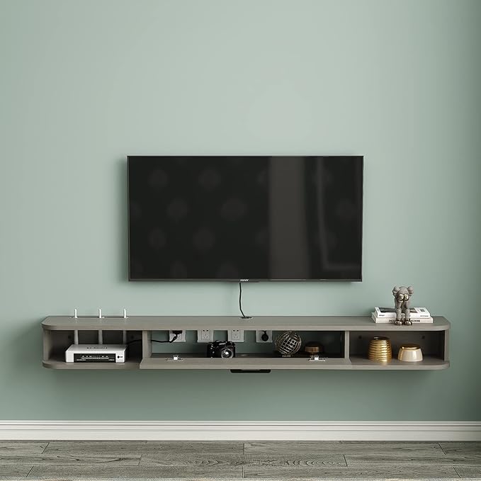 Pmnianhua Floating TV Stand,70'' Wall Mounted Floating TV Shelf for TVs up to 75 inches, Floating TV Wall Unit with Shelves for Gaming Consoles Small Spaces Apartments,Bedrooms (Light Grey Oak) - LeafyLoom