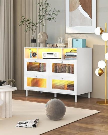 Sideboard Fluted Buffet Cabinet with Storage | 47’’ Large Kitchen Storage Cabinet with LED Light & Power Outlet, Modern Coffee Bar Cabinet Buffet Table for Living Room, Dining Room, Entryway - LeafyLoom