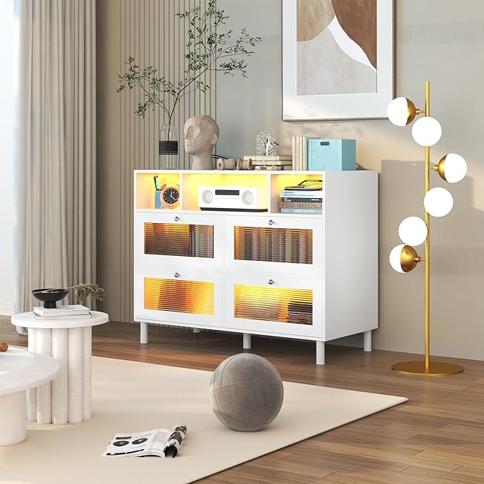 Sideboard Fluted Buffet Cabinet with Storage | 47’’ Large Kitchen Storage Cabinet with LED Light & Power Outlet, Modern Coffee Bar Cabinet Buffet Table for Living Room, Dining Room, Entryway - LeafyLoom