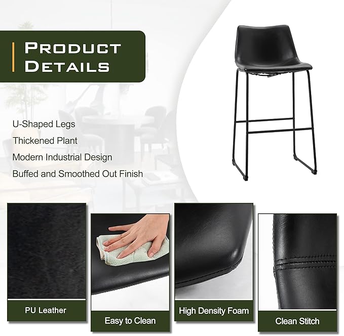 NicBex Retro Bar Stools Crazy-Horse Leather with Metal Legs Barstools, Lounge Kitchen Island Bar Stools, Set of 2, (Black Color) (A-GE17022-USSU014) - LeafyLoom