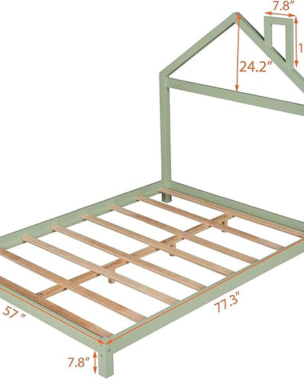 Jintop Full Size Wood Platform Chimney and House-Shaped Headboard,Bedroom Furniture Bed Frame W/ 10 Slat Support,Easy to Install,for Teens Kids Girls Boys,Green - LeafyLoom