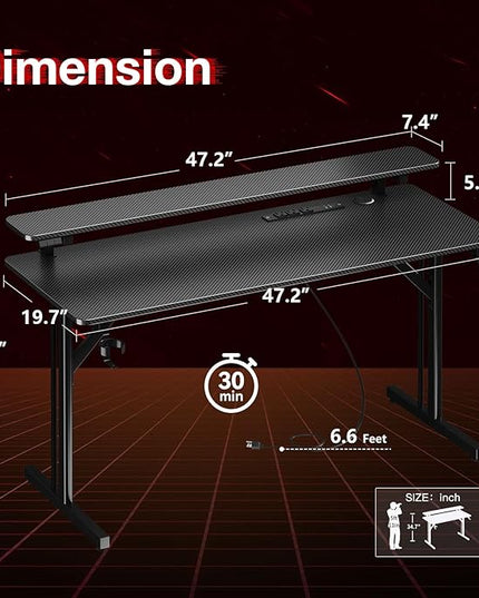 MOTPK Gaming Desk with LED Lights & Power Outlets, 47 Inch Computer Desk Gaming Table with Monitor Shelf, Gamer Desk with Carbon Fiber Texture, Kids Boys Desk Gift for Men - LeafyLoom
