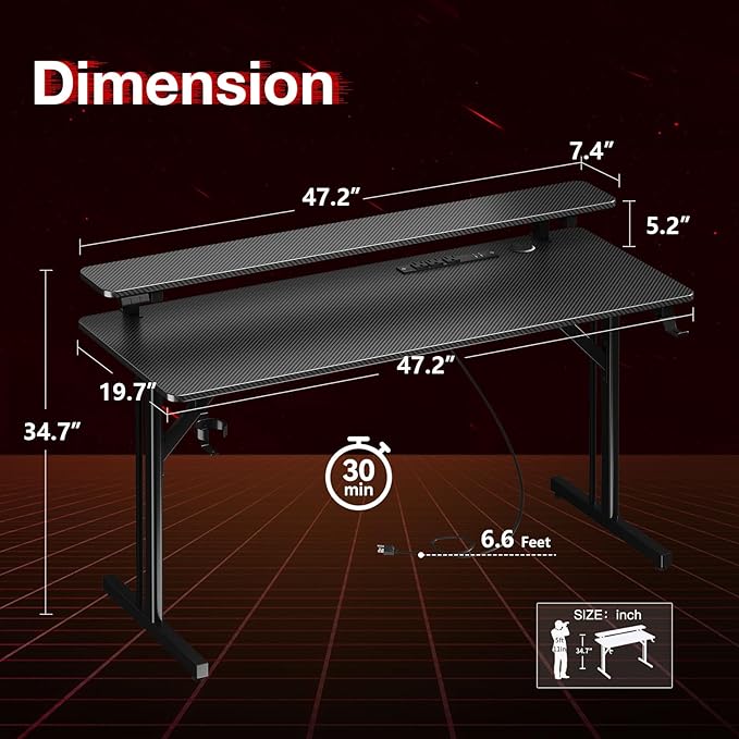 MOTPK Gaming Desk with LED Lights & Power Outlets, 47 Inch Computer Desk Gaming Table with Monitor Shelf, Gamer Desk with Carbon Fiber Texture, Kids Boys Desk Gift for Men - LeafyLoom