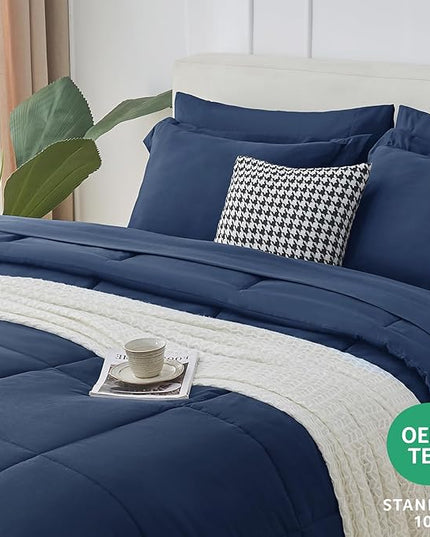 CozyLux Full Size Comforter Sets - 7 Pieces Bed in a Bag Set Navy Blue Full, Complete Bedding Sets Bed Set for All Season with Comforter, Flat Sheets, Fitted Sheet, Pillowcases & Shams - LeafyLoom