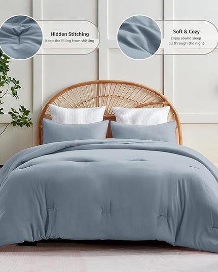 CozyLux Grayish Blue Comforter Set King Size, 3 Pieces Solid Breathable Quilted Boho Style Bedding Sets, Luxury Fluffy Soft Microfiber Comforter for All Season(1 Comforter & 2 Pillowcases) - LeafyLoom