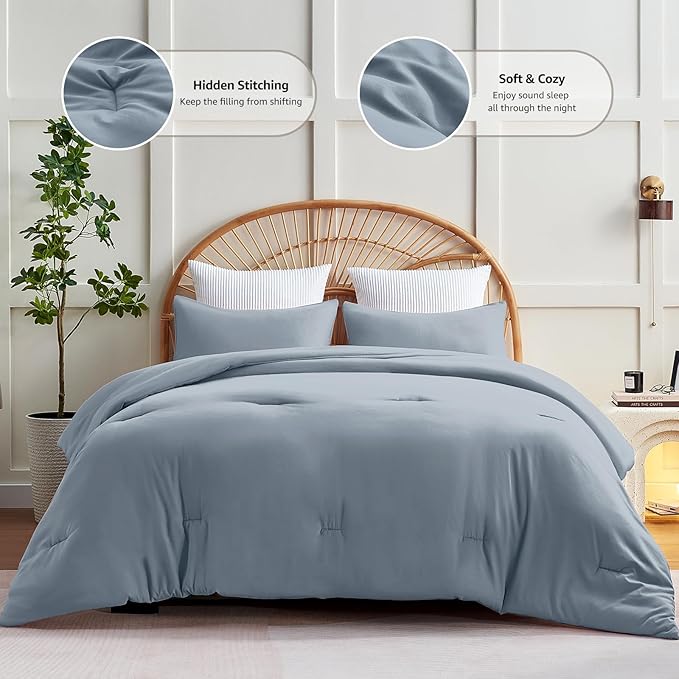 CozyLux Grayish Blue Comforter Set King Size, 3 Pieces Solid Breathable Quilted Boho Style Bedding Sets, Luxury Fluffy Soft Microfiber Comforter for All Season(1 Comforter & 2 Pillowcases) - LeafyLoom