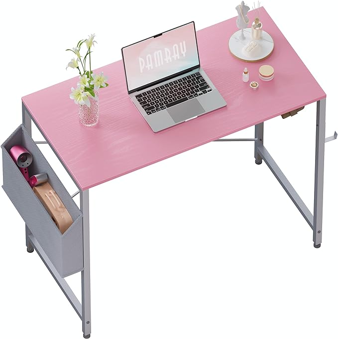 Pamray 32 Inch Computer Desk for Small Spaces with Storage Bag, Home Office Work Desk with Headphone Hook, Small Office Desk Study Writing Table - LeafyLoom