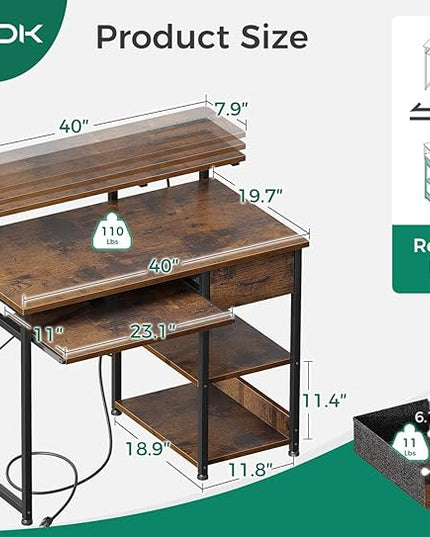 AODK Small Computer Desk with Keyboard Tray, 40 Inch Office Desk with Power Outlet, Work Desk with Drawer, Reversible Desk with Adjustable Monitor Shelf and Storage Shelf for Home, Rustic Brown - LeafyLoom