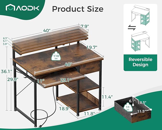 AODK Small Computer Desk with Keyboard Tray, 40 Inch Office Desk with Power Outlet, Work Desk with Drawer, Reversible Desk with Adjustable Monitor Shelf and Storage Shelf for Home, Rustic Brown - LeafyLoom