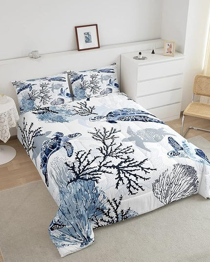 Turtle Comforter Set King,White Blue Hawaiian Turtle Bedding for Kids,Reptile Tortoise Quilt Duvet Set Coastal Beach Theme Comforter Retro Sea Turtle Bed Set for Boys Girls Bedroom Decor(Marine life) - LeafyLoom