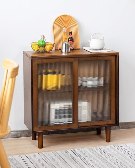 Tiita Bamboo Sideboard Buffet Cabinet, Rattan Kitchen Storage Cabinet, Boho Coffee Bar Tables for Kitchen Living Room Hallway Office, Walnut - LeafyLoom