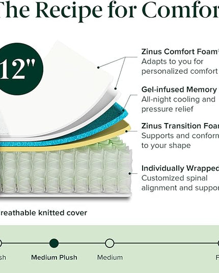 ZINUS 12 Inch Cooling Comfort Support Hybrid Mattress [New Version], Full, Fiberglass free, Medium Plush, Cooling Motion Isolation, Certified Safe Foams & Fabric, Mattress in A Box - LeafyLoom