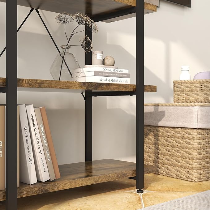 Panana 5 Tier Industrial Rustic Wooden Bookshelves, Vintage Open Wood and Metal Farmhouse Bookshelf Heavy Duty Storage Shelving Unit Rack (Brown) - LeafyLoom