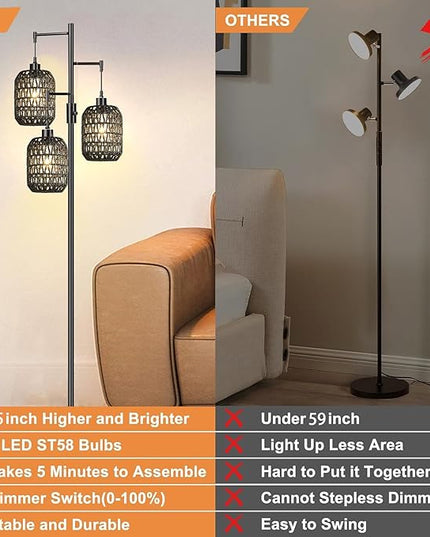 Floor Lamp for Living Room,Bedroom,Boho Rattan Floor Lights,Dimmable Industrial Black Farmhouse Tree 3 Standing Lamp Wicker Rustic Tall Lamp,Woven Bamboo Lamp Shade Floor Lamps Bohemian - LeafyLoom