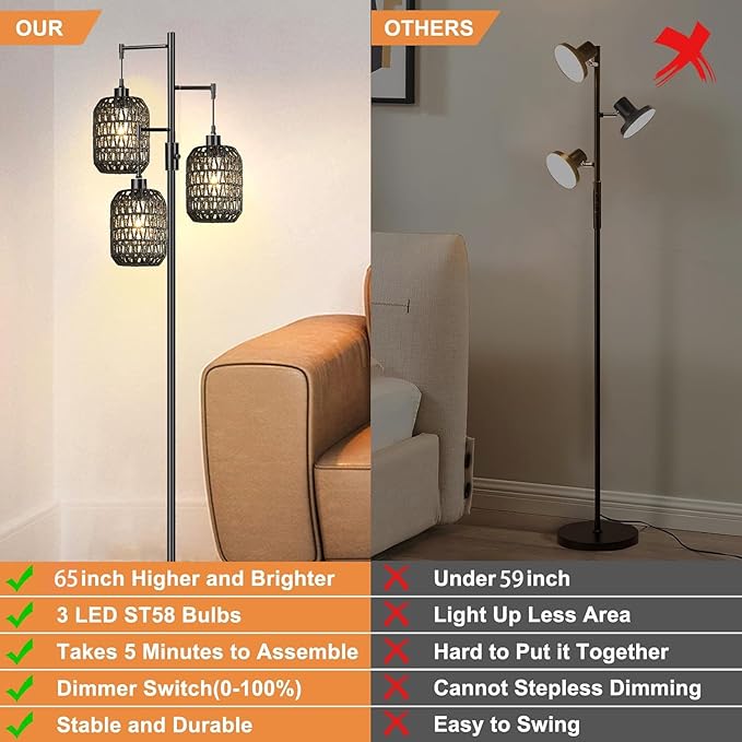 Floor Lamp for Living Room,Bedroom,Boho Rattan Floor Lights,Dimmable Industrial Black Farmhouse Tree 3 Standing Lamp Wicker Rustic Tall Lamp,Woven Bamboo Lamp Shade Floor Lamps Bohemian - LeafyLoom