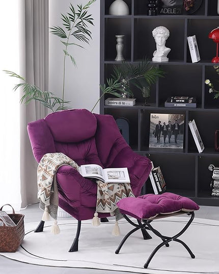 Lazy Chair with Ottoman, Modern Accent Chair Contemporary Lounge Leisure Upholstered Sofa Chair Set with Armrests, Reading Chair for Living Room, Bedroom, Office, Dark Purple - LeafyLoom