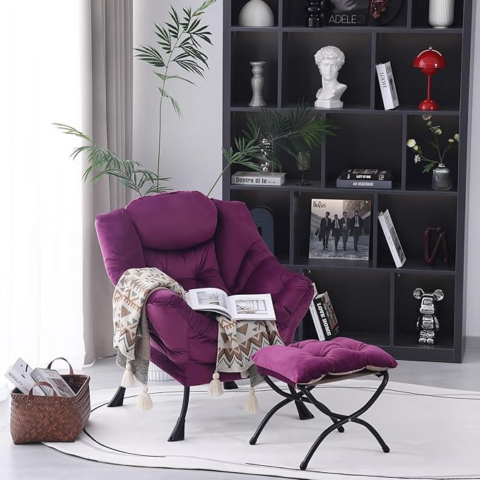 Lazy Chair with Ottoman, Modern Accent Chair Contemporary Lounge Leisure Upholstered Sofa Chair Set with Armrests, Reading Chair for Living Room, Bedroom, Office, Dark Purple - LeafyLoom