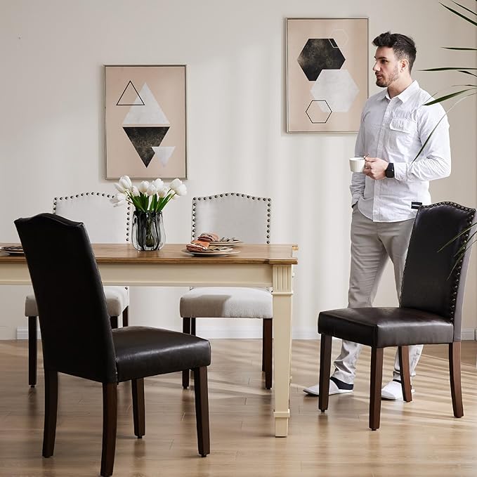Sweetcrispy Dining Chairs Set of 6, Upholstered Leather Kitchen Room Chairs Mid Century Modern High-End Dining Room Side Chairs with Nailhead Trim and Wood Legs for Bedroom, Living Room, Brown - LeafyLoom