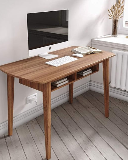 Modern Design By Crafts & comfort Monza Computer Desk, Mid Century Desk with Recessed Drawers, Writing Desk for Small Area - Walnut/Walnut - LeafyLoom