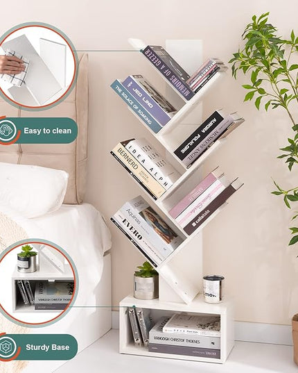 Yoobure Tree Bookshelf - 6 Shelf Retro Floor Standing Bookcase, Tall Wood Book Storage Rack for CDs/Movies/Books, Utility Book Organizer Shelves for Bedroom, Living Room, Home Office, White - LeafyLoom
