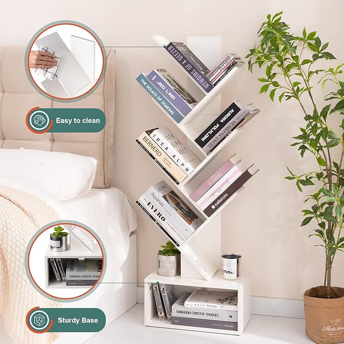 Yoobure Tree Bookshelf - 6 Shelf Retro Floor Standing Bookcase, Tall Wood Book Storage Rack for CDs/Movies/Books, Utility Book Organizer Shelves for Bedroom, Living Room, Home Office, White - LeafyLoom