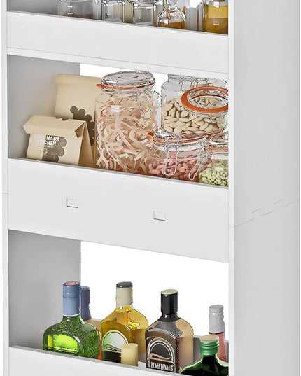 Slim Storage Cart, 4-Tier Kitchen Rolling Cart Narrow Mobile Utility Organizer for Bathroom Livng Room Laundry Room Small Spaces, White - LeafyLoom