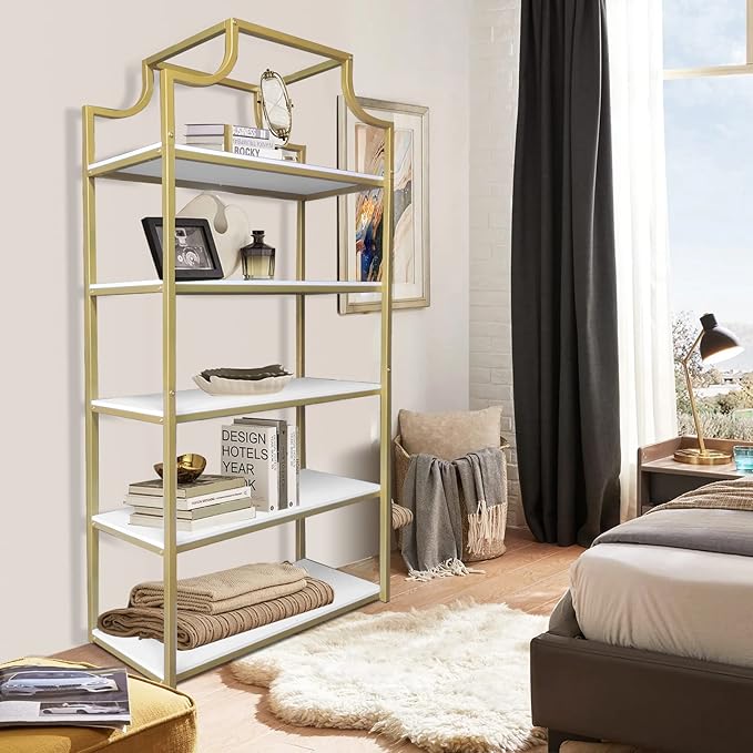 TooCust 5-Tier Gold Bookcase, 29.5" Lx70.6 H, Bookshelf for Bedroom,Gold Book Display Shelf, Arched Bookcase, Organizer Rack for Living Room, Gold Freestanding Display Shelf,White and Gold Bookshelf - LeafyLoom
