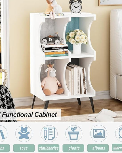 4 Cube Bookcase,White Open Cube Small Bookshelf Circle Arc Storage Shelf Display Cabinet Organizer,2 Tiers Modern Wooden Bookcase with Cubby Storage for Living Room,Bedroom,Office - LeafyLoom