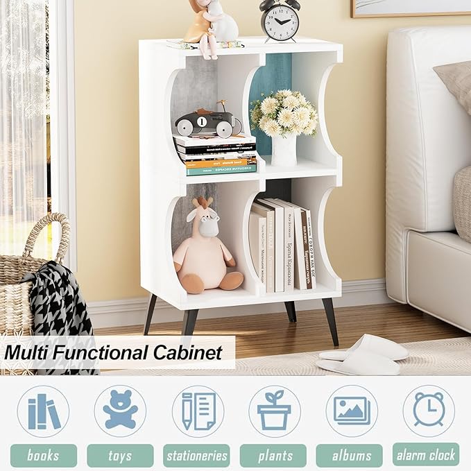 4 Cube Bookcase,White Open Cube Small Bookshelf Circle Arc Storage Shelf Display Cabinet Organizer,2 Tiers Modern Wooden Bookcase with Cubby Storage for Living Room,Bedroom,Office - LeafyLoom