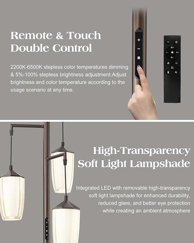 ELYONA Rustic Dimmable Floor Lamp for Bedroom, 24W LED Reading Light Remote & Touch Control, Stepless Adjustable 2200K-6500K Colors & Brightness, 3-Light Standing Lamp for Living Room Office, Bronze - LeafyLoom