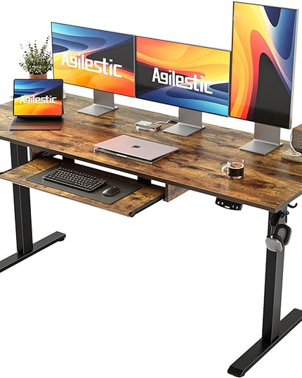 Height Adjustable Desk with Keyboard Tray, 63 x 24 Inches Electric Standing Desk, Stand up Computer Table with Memory Preset, Modern Lift Motorized Gaming Workstation, Rustic Brown - LeafyLoom