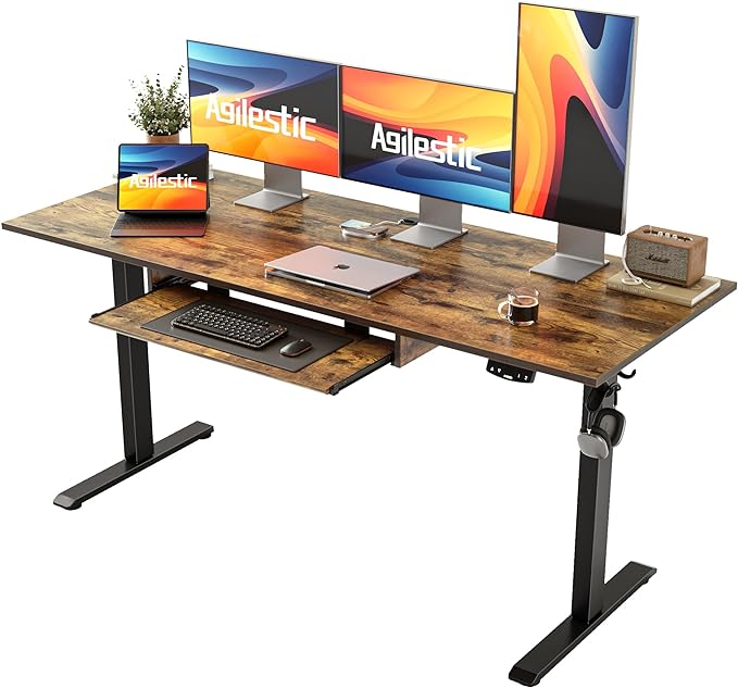 Height Adjustable Desk with Keyboard Tray, 63 x 24 Inches Electric Standing Desk, Stand up Computer Table with Memory Preset, Modern Lift Motorized Gaming Workstation, Rustic Brown - LeafyLoom