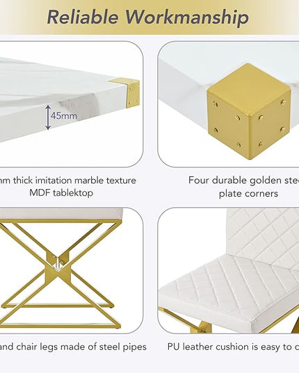Modern 7 Piece Set with Rectangular Marble Teexture Kitchen Table and 6 PU Leather Chairs and X-Shaped Gold Steel Pipe Legs, for Dining Room, White 27 - LeafyLoom