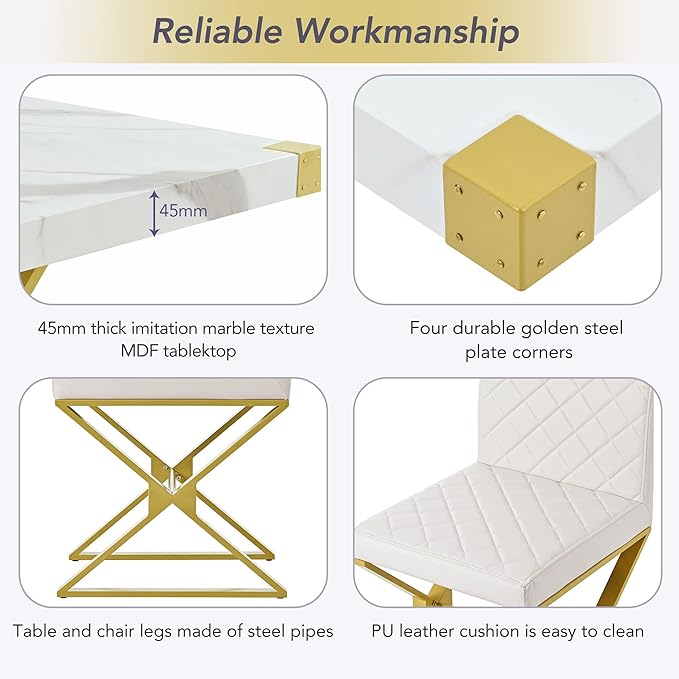 60 Inch Dining Table Set, 7-Piece Rectangular Marble Texture Kitchen Table and 6 PU leather Chairs with X-Shaped Gold Steel Pipe Legs, Dining Room Table Set for Living Room, White - LeafyLoom