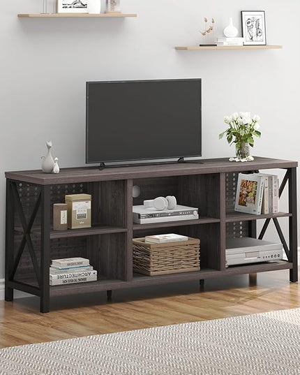 LVB TV Stand for 70 Inch TV, Rustic Industrial Entertainment Center, Large Television Stands for Living Bedroom, Long Wood Metal TV Table Stand with Media Console Cabinet Storage, Dark Gray Oak, 59 IN - LeafyLoom