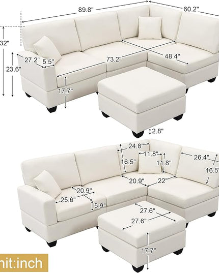 89.8" Modern Sectional Sofa with Convertible Ottoman and 2 Pillows,L-Shape Linen Fabric Corner Couch 5 Set W/Back & Cushion,can Hold up to 330 Lbs,for Apartment,Living Room,Beige - LeafyLoom