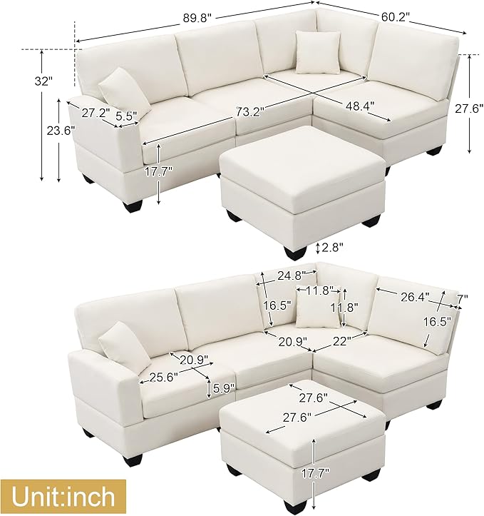 90" Modular Sectional Sofa with Convertible Ottoman, 5 Seats L-Shape Reversible Solid Corner Sofa with 2 Pillows, Linen Modern Sleeper Couch for Living Room, Apartment, Office (Cream White) - LeafyLoom
