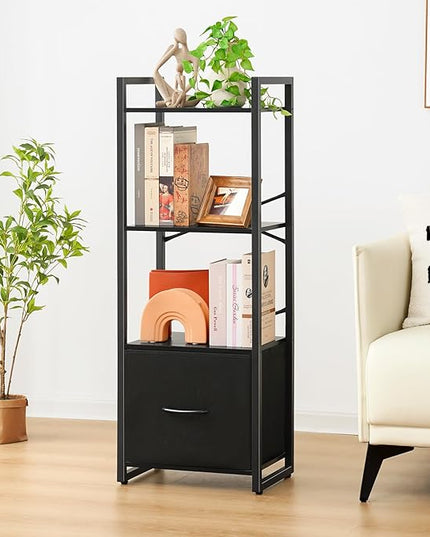 Yoobure Bookshelf, 4 Tier Book Shelf with Drawer, Small Bookcase Narrow Book Case, Industrial Bookshelves Shelf for Bedroom Living Room Office, Book Storage Organizer for CD/Movie Black - LeafyLoom