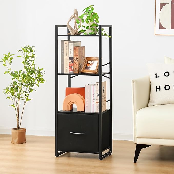 Yoobure Bookshelf, 4 Tier Book Shelf with Drawer, Small Bookcase Narrow Book Case, Industrial Bookshelves Shelf for Bedroom Living Room Office, Book Storage Organizer for CD/Movie Black - LeafyLoom