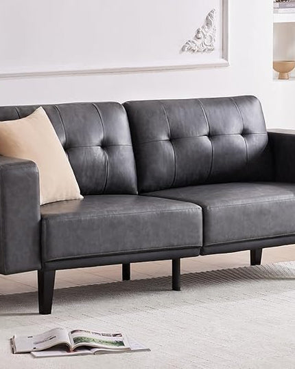 79” Leather Sofa Couches for Living Room, Oversized Loveseat Sofa, 3 Seat Mid Century Modern Couch, Faux Leather Couch Sofa, Love Seat with Solid Wood Leg, Bedroom Couch, Grey - LeafyLoom