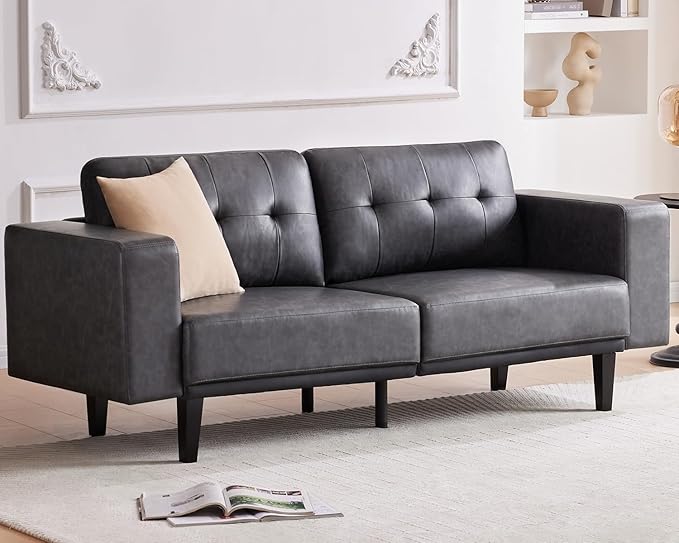 79” Leather Sofa Couches for Living Room, Oversized Loveseat Sofa, 3 Seat Mid Century Modern Couch, Faux Leather Couch Sofa, Love Seat with Solid Wood Leg, Bedroom Couch, Grey - LeafyLoom