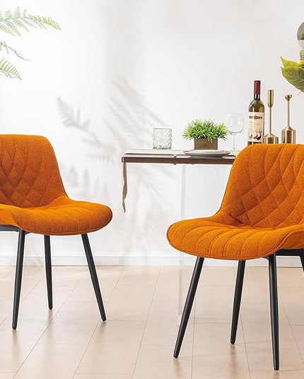 YOUNUOKE Comfortable Dining Chairs Set of 2, Mid-Century Modern Kitchen Dining Room Chairs, Upholstered Backrest Boucle Dining Chair with Black Metal, Orange - LeafyLoom